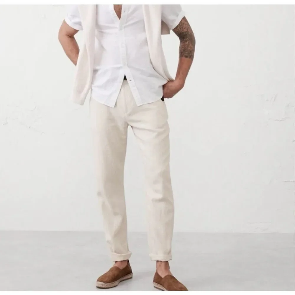 ✨Banana Republic Smithfield Linen Cuffed Sz 34R Cream Pants✨